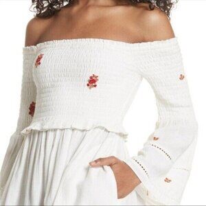 Free People Ruched White embroidered off shoulder dress